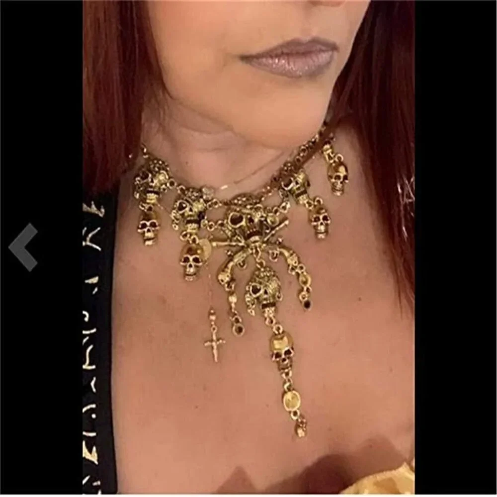 Jewelry Metal Gold Skull Necklace Earrings Set Women Halloween Party Gift